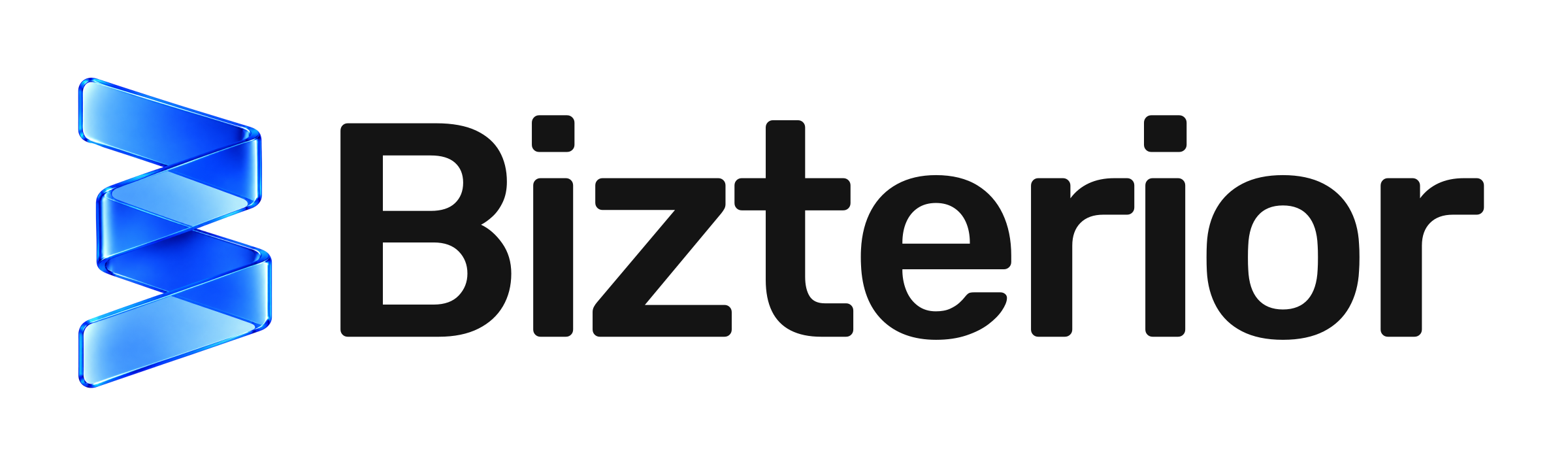파란색 3D 리본 심볼과 검은색 Bizterior 워드마크